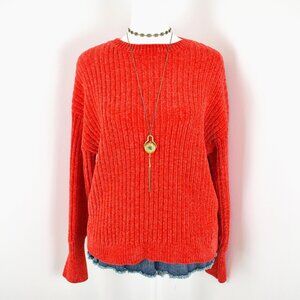 Poof Apparel Red Orange Chenille Knit Long Sleeve Sweater Sz Large Whimsy Grunge